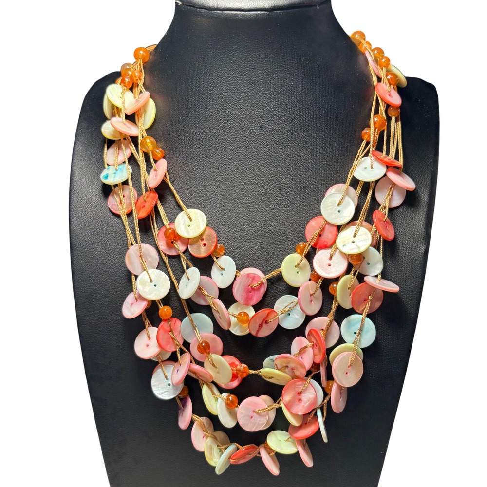 Multistrand Shell Button Bib Necklace Pink Orange Iridescent Statement‎ Bead